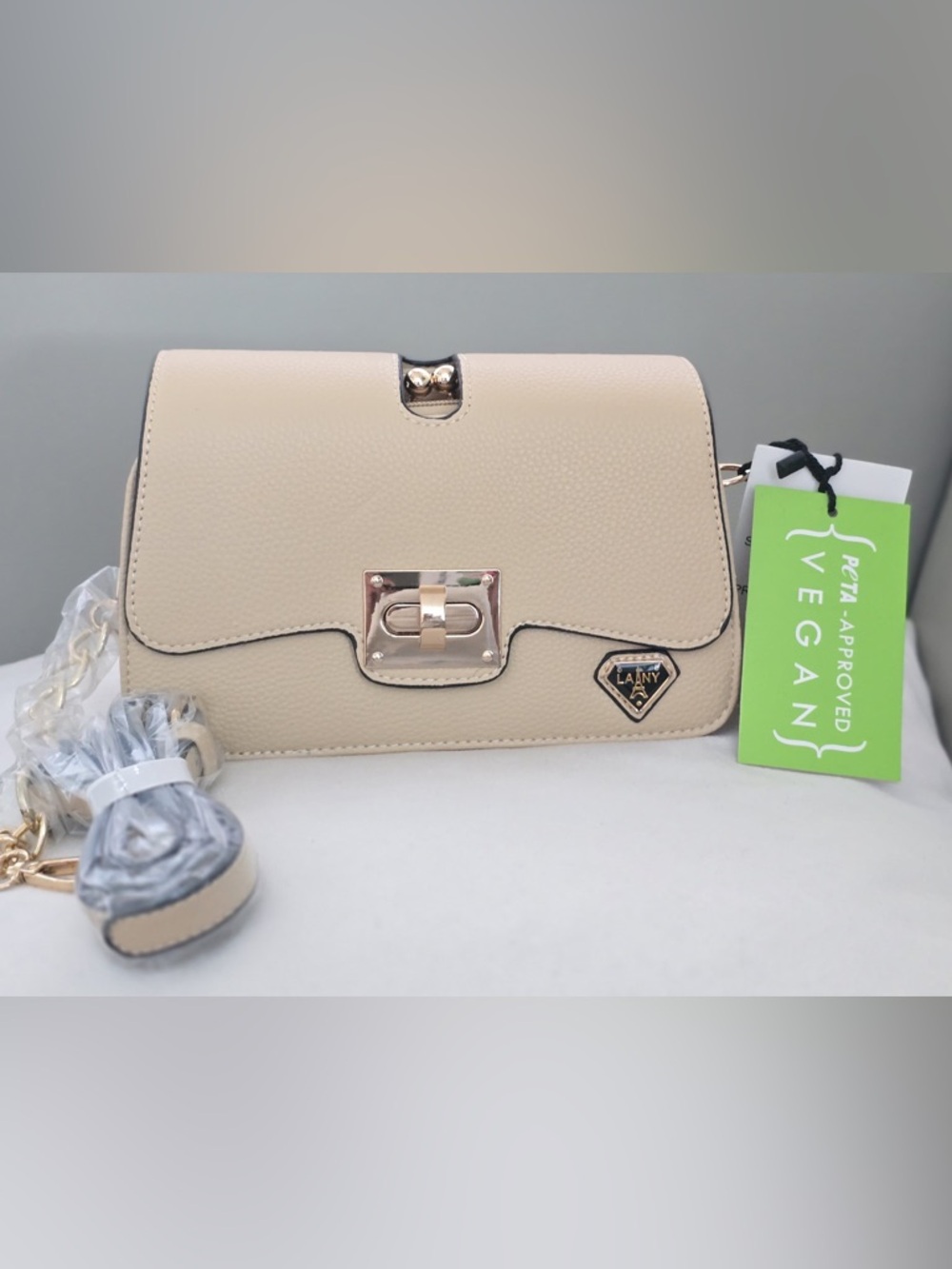 Vegan Pebbled Beige Crossbody Bag with Gold Hardware